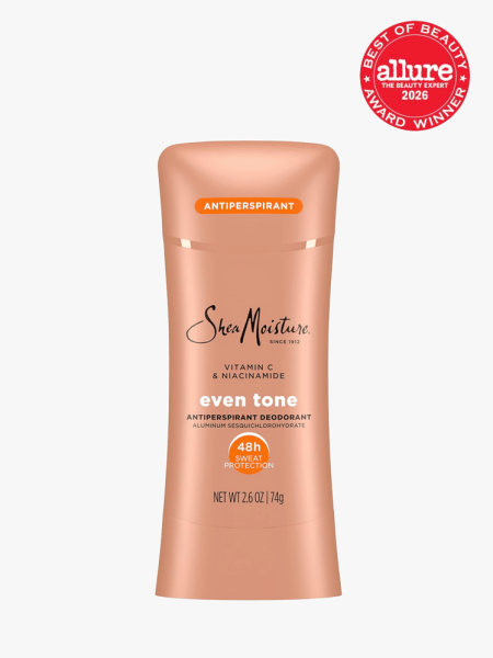 SheaMoisture Vitamin C & Niacinamide Even Tone Deodorant Stick Aluminum in branded component on a light gray background with best of beauty 2026 seal in the top right corner
