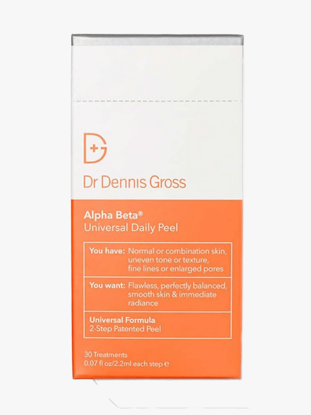 Dr. Dennis Gross Alpha Beta Universal Daily Peel in branded component on a light gray background